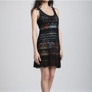New Anthropologie Nanette Lepore Swim Black Crochet Lace Floral Cover Up Dress M